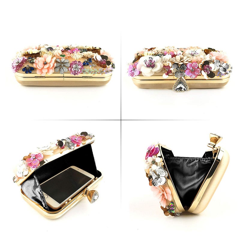 Lanpet Women Clutches Flower Evening Handbag Chain Strap Shoulder Bag Gold - Image 4